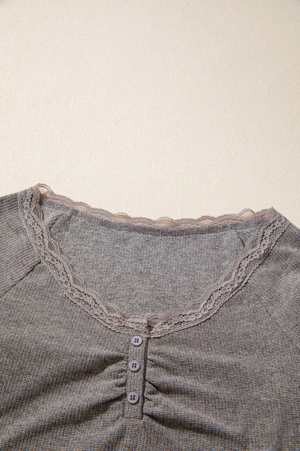 Solid Color Ribbed Lace Trim V-Neck Button Detail Long Sleeve Top