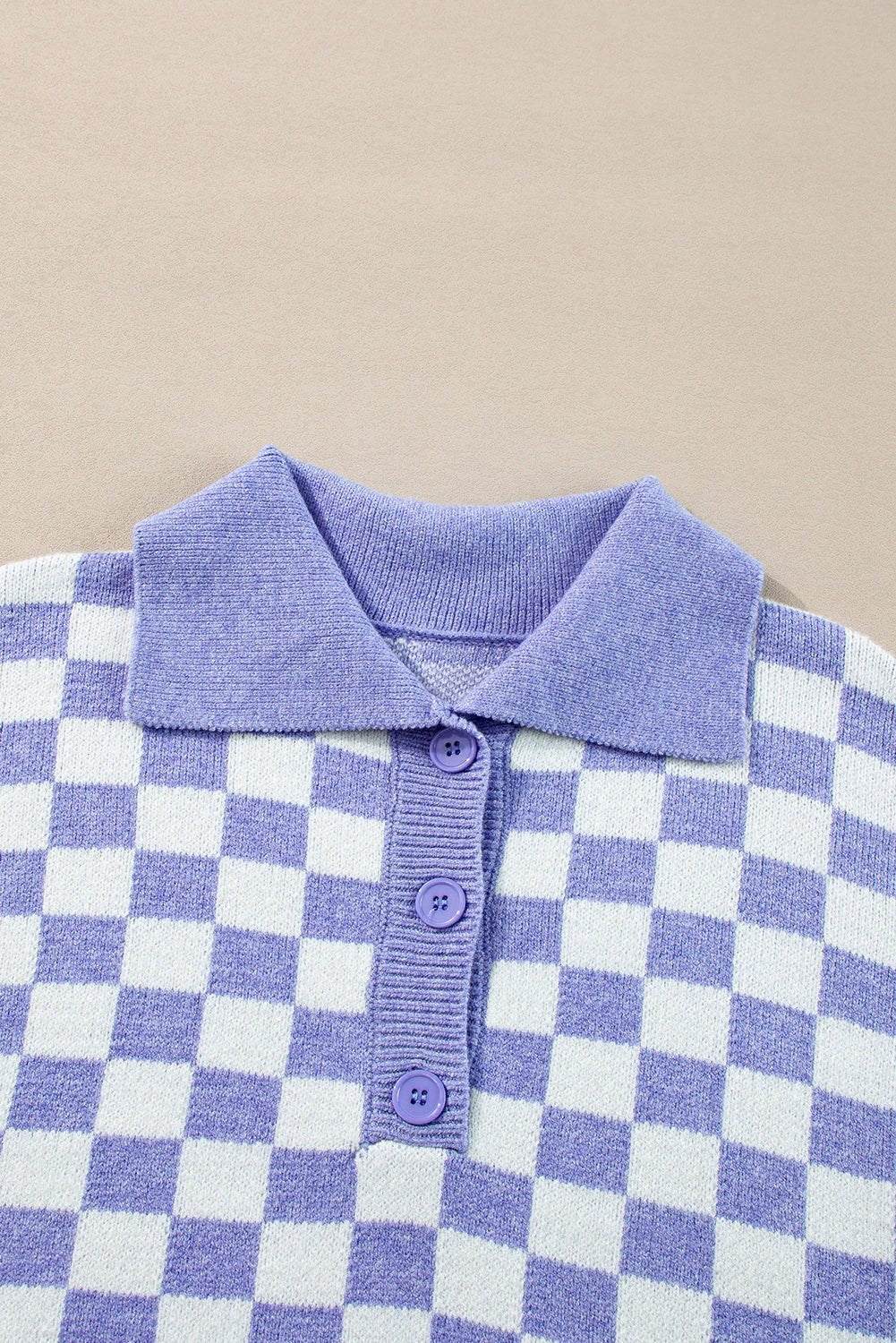 Plus size checkered collared button front sweater in soft purple knit