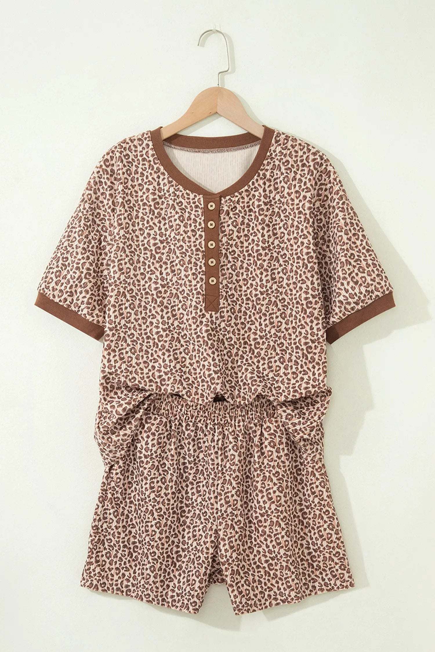 Dear-Lover Dropshipping Main Character Energy | Leopard Print Ribbed Outfit With Button Front Top And Matching Elastic Waist Shorts - Outfit Sets Two Piece Sets/Short Sets