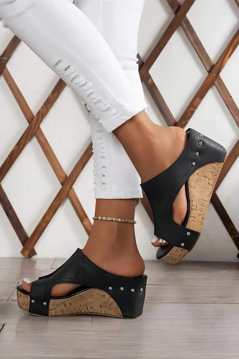 black hollow out studded pu leather wedge slippers for women casual everyday outfit