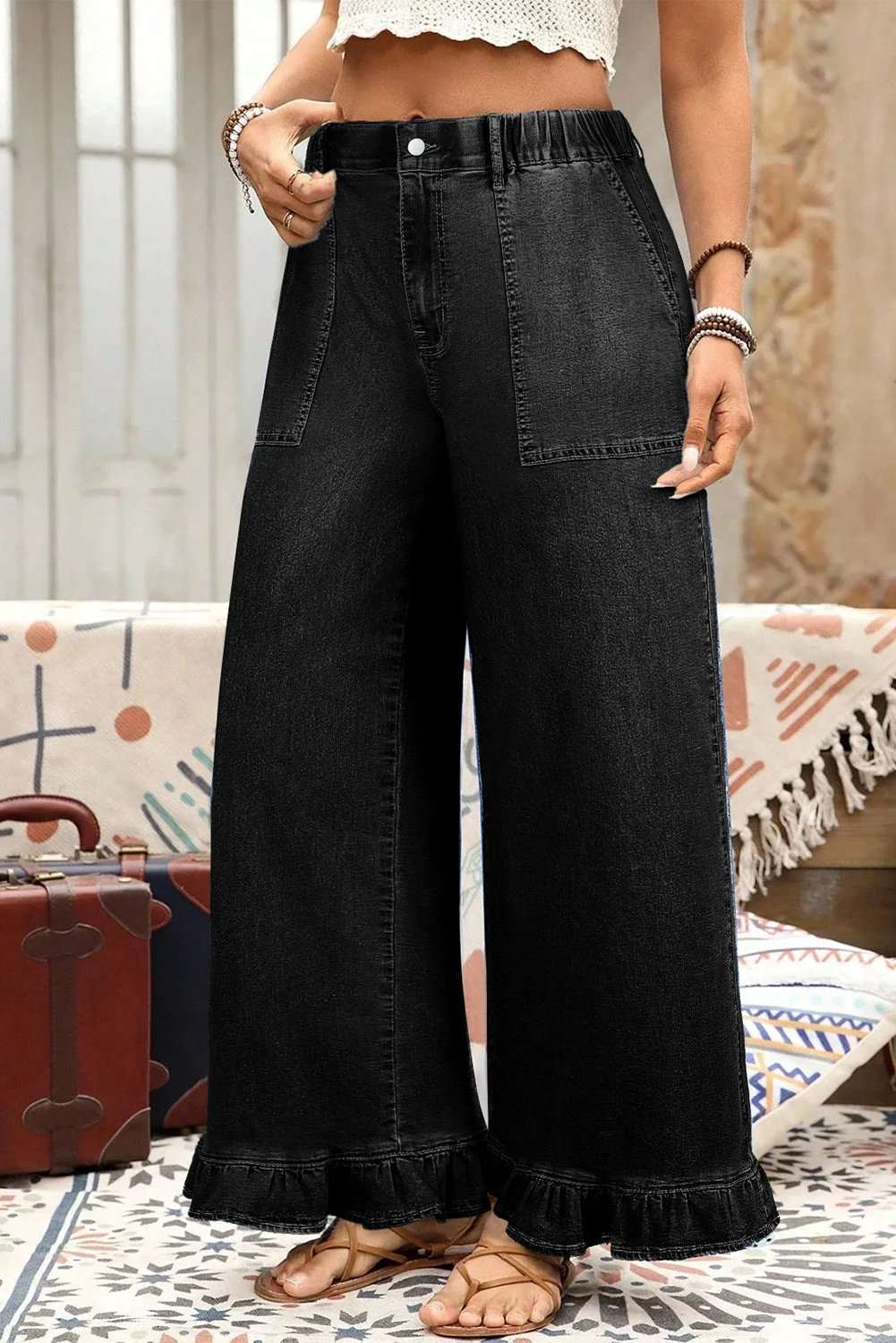 Plus Size Wide Leg Denim Pants with elastic waist and ruffled detail