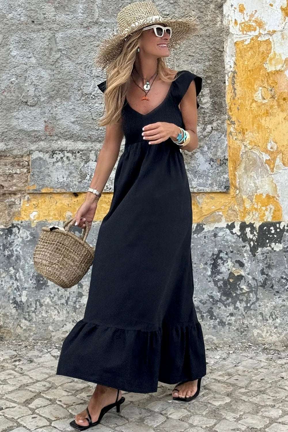 High Waist Maxi Dress with V-neck flutter sleeves smocked bodice and ruffle hem