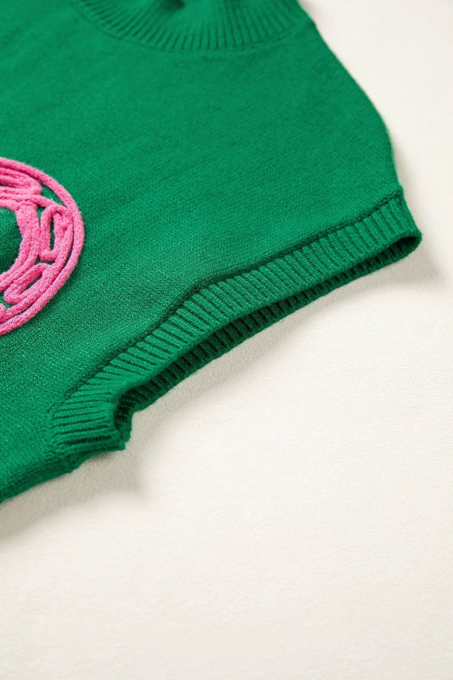 Bright green western horseshoes ribbed mock neck short sleeve knit sweater with pink embroidery