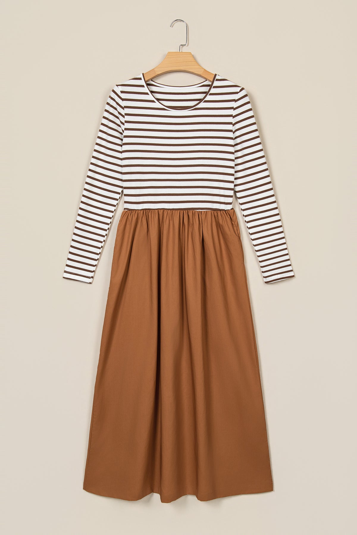 Brown Stripe Ribbed Knit Long Sleeve Bodice Contrast Patchwork Flared Dress