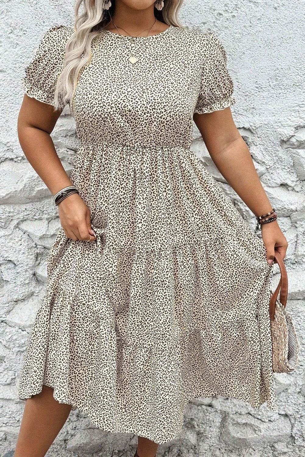 Plus size Everyday Goddess leopard print dress with frill trim and short sleeves