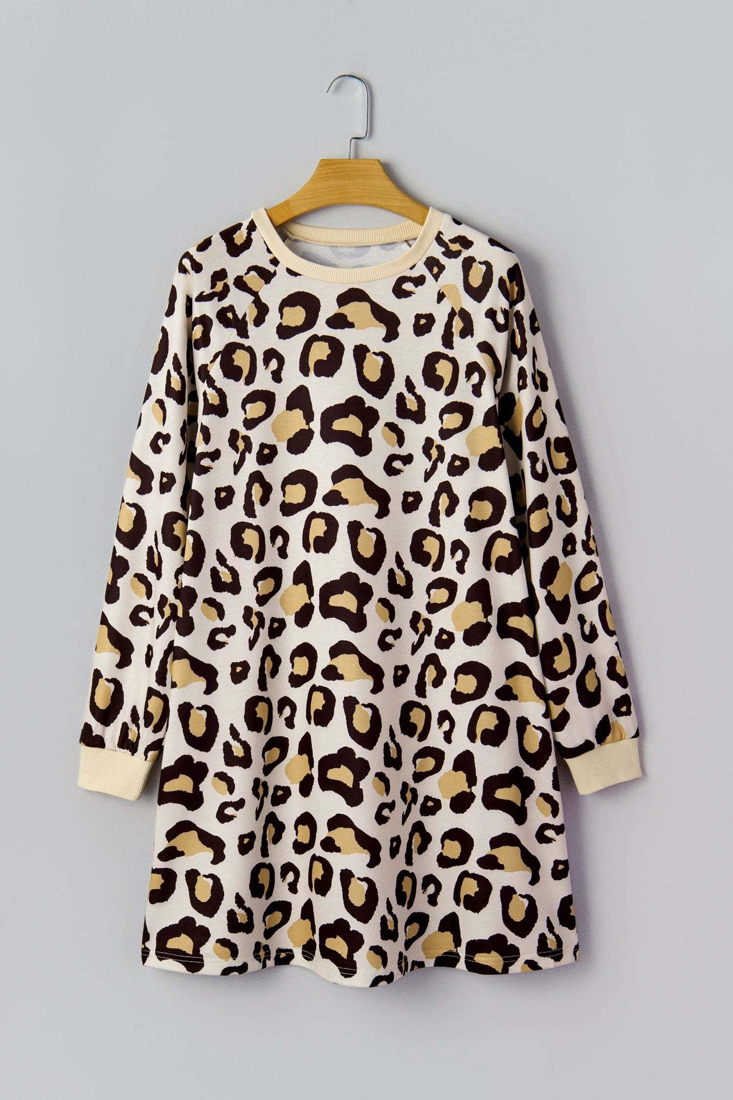 khaki leopard long sleeve shift t shirt dress with pockets for women casual everyday outfit