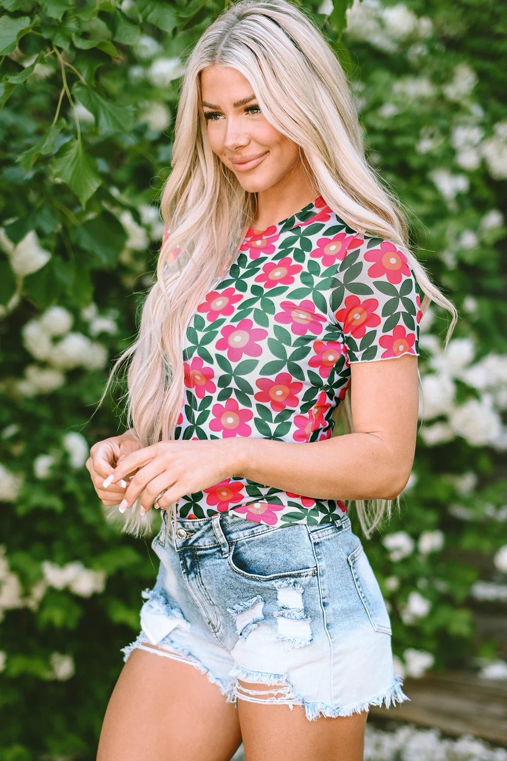 fiery red retro floral print crew neck t shirt for women casual everyday outfit