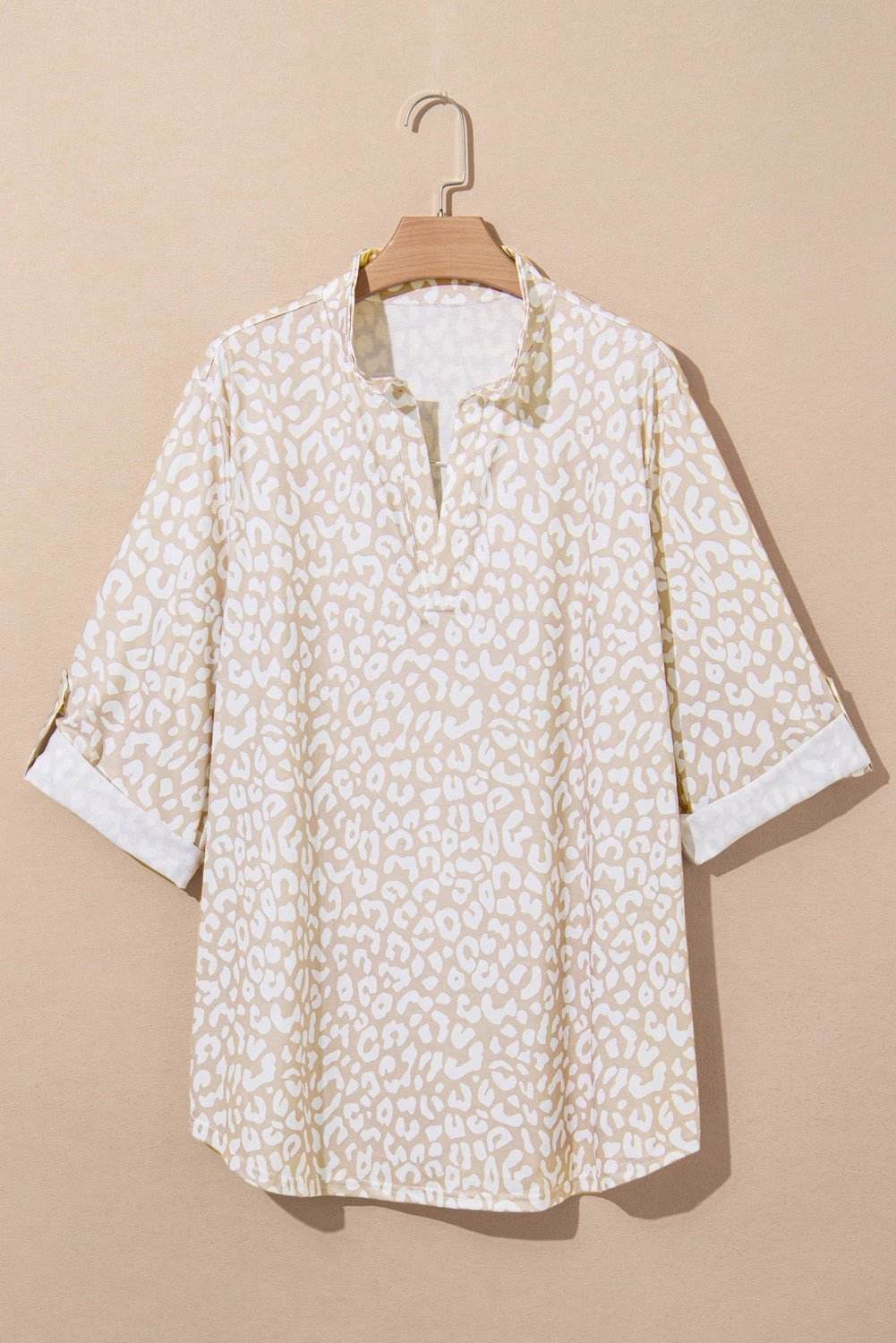 Dear-Lover Dropshipping Apricot Leopard Tab Sleeve V Neck Plus Size Top - Plus Size/Plus Size Tops/Plus Size Blouses & Shirts