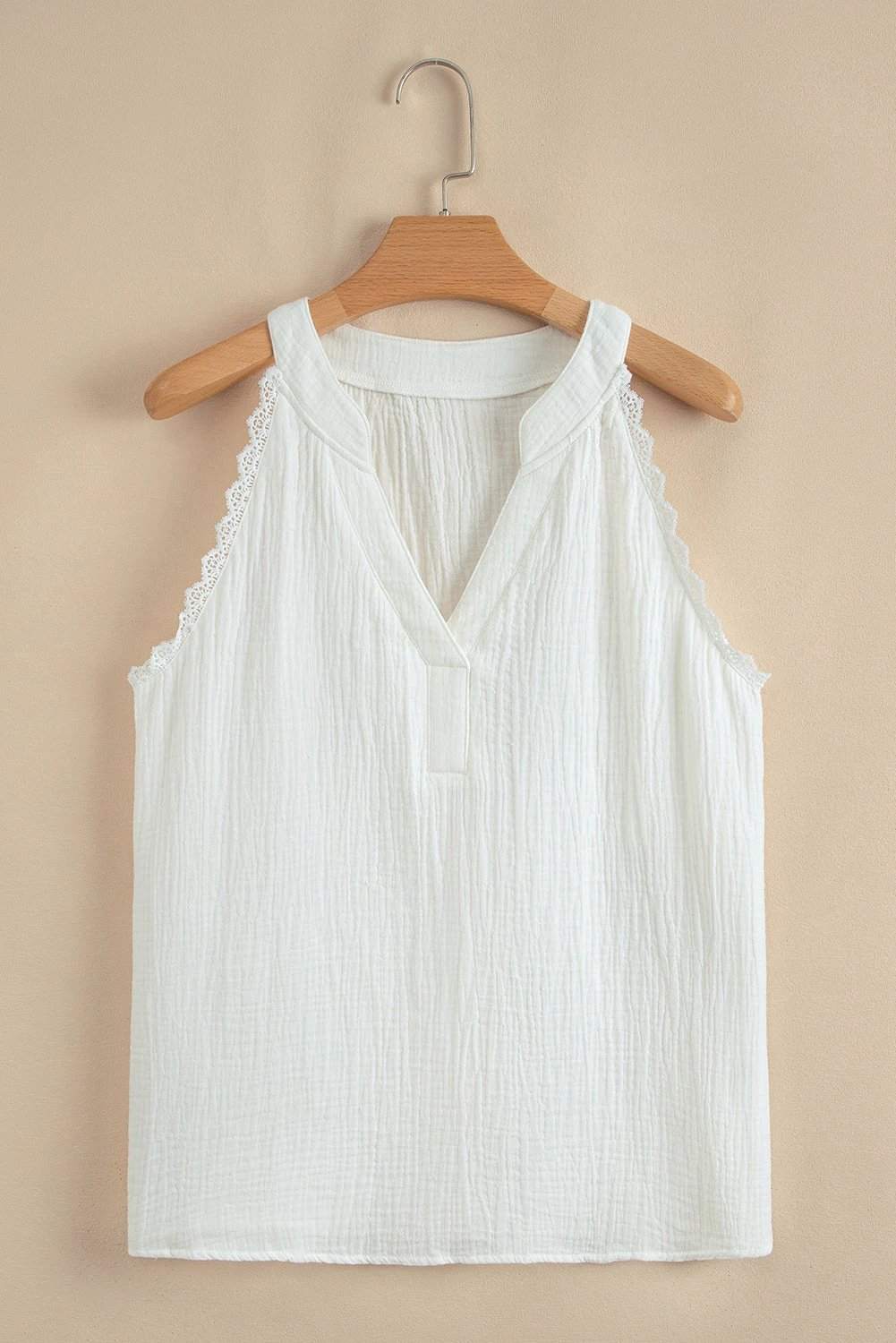 Dear-Lover Dropshipping White Textured Lace Trim Pure Cotton Sleeveless Top - Tops/Tank Tops