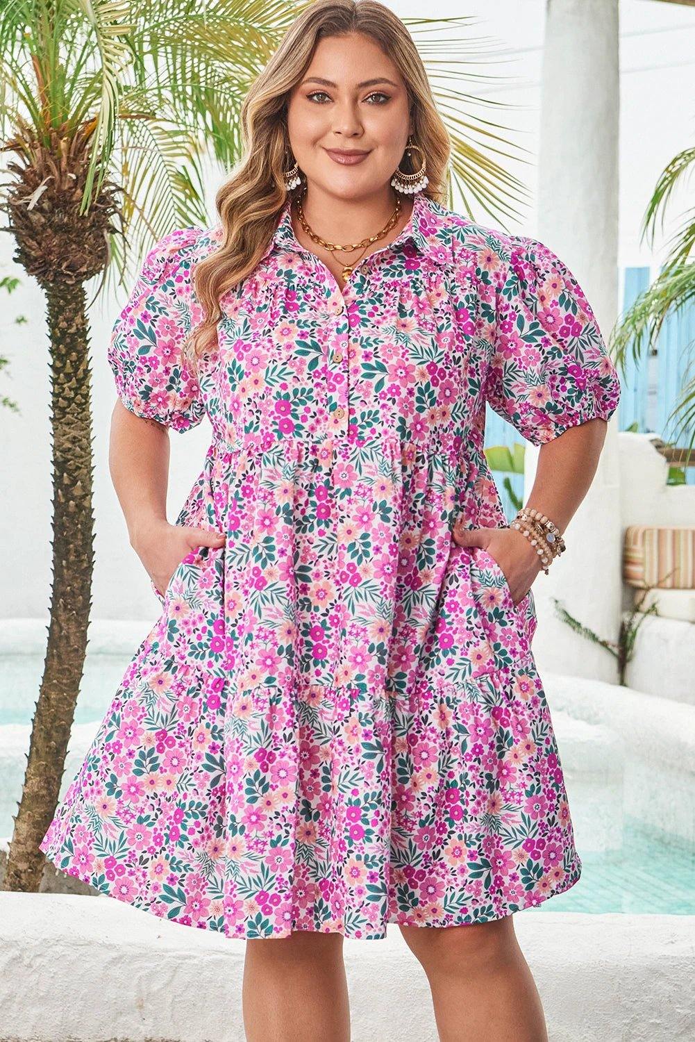 Dear-Lover Dropshipping Pink Plus Size Floral Half Button Short Puff Sleeve A-line Dress - Plus Size/Plus Size Dresses/Plus Size Mini Dresses