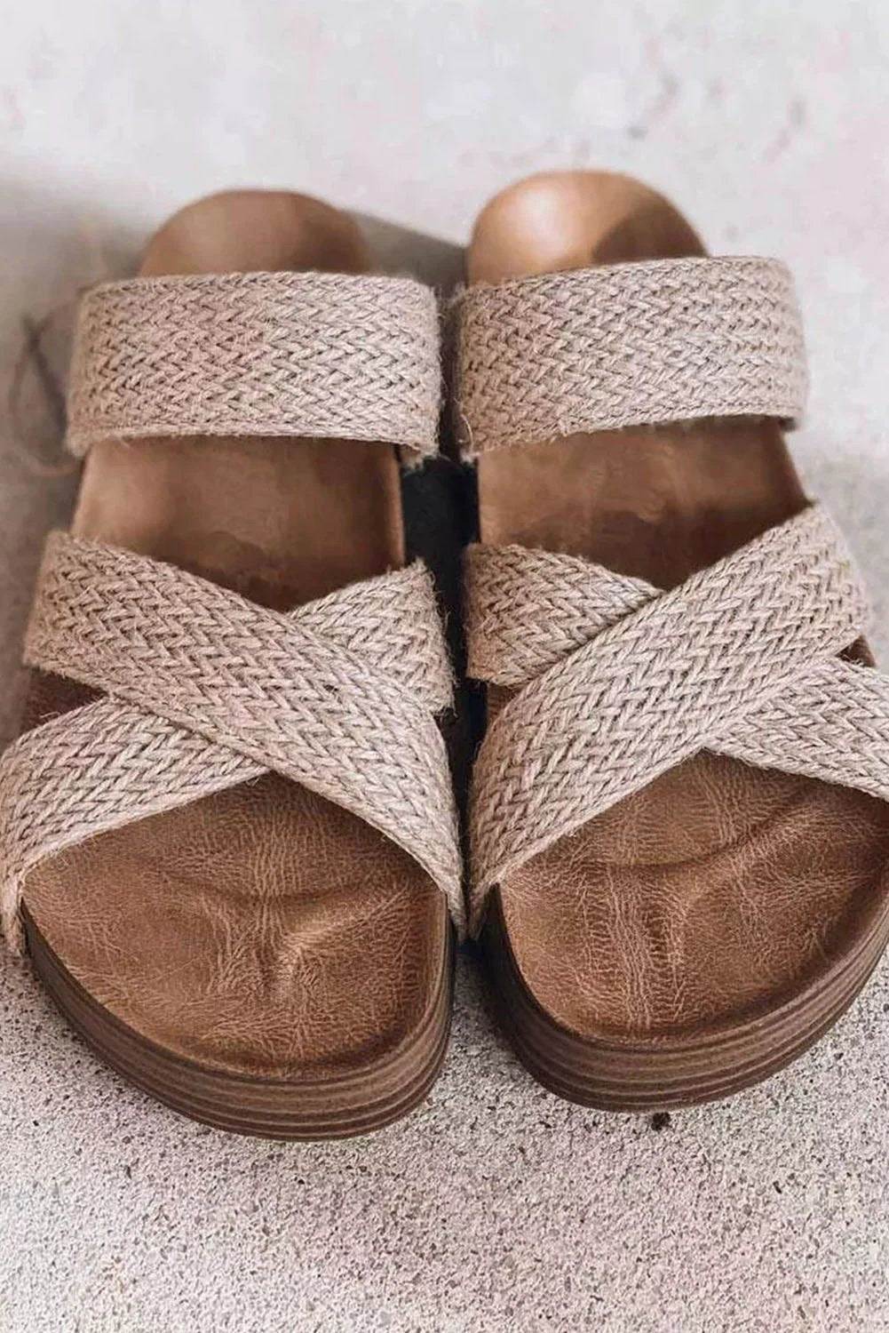 Woven criss-cross slip-on sandals with breathable hollowed straps and cushioned footbed for everyday comfort