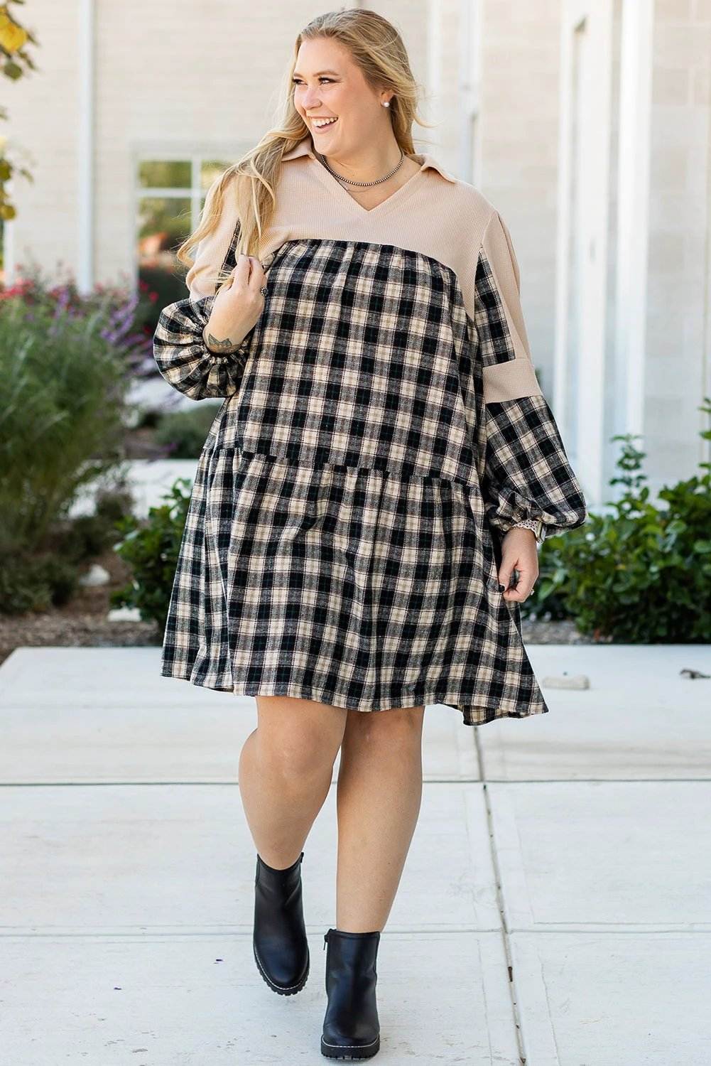 Plus size plaid waffle knit patchwork mini dress with collared V-neck showcasing main character energy