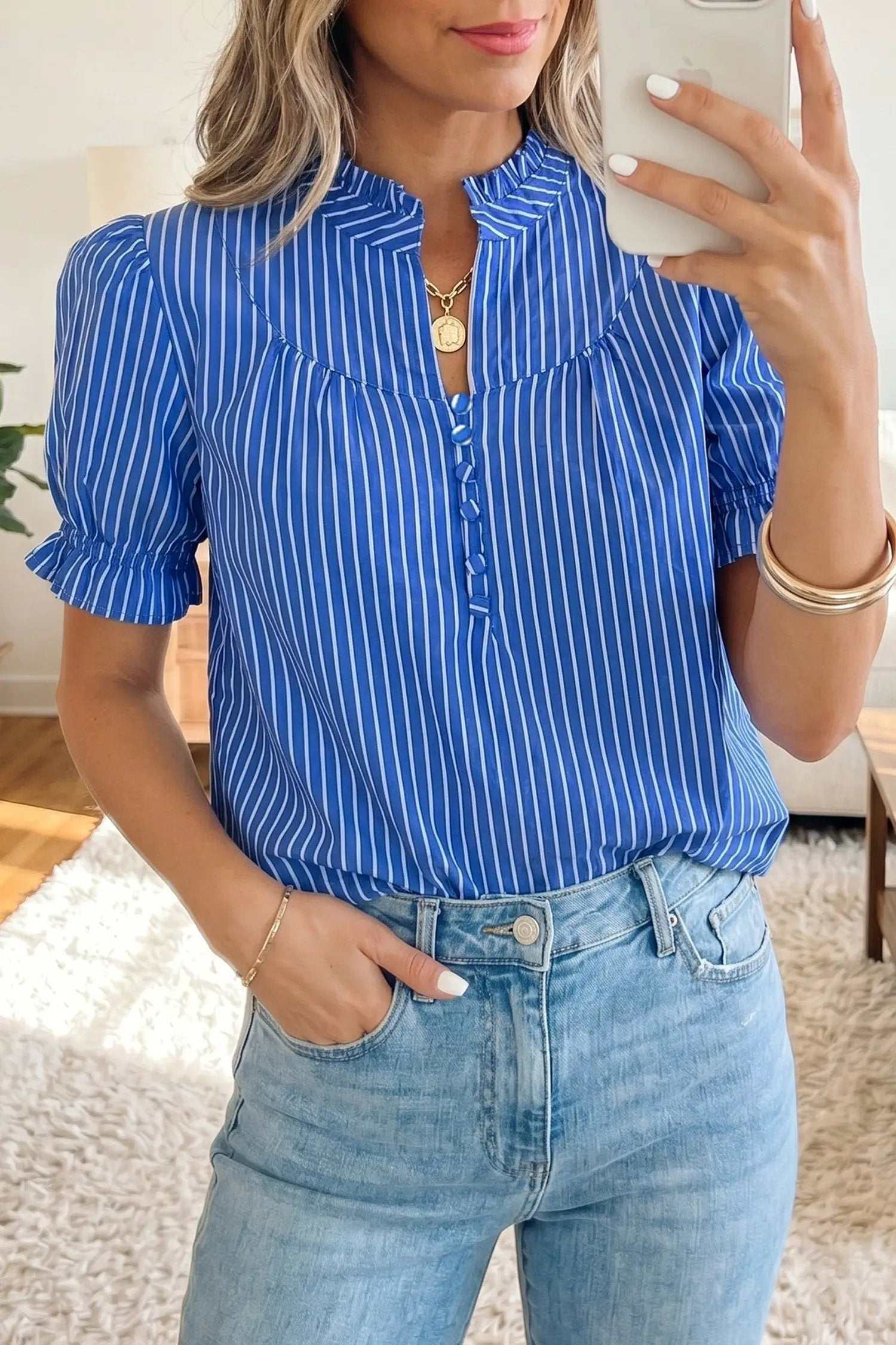 Stripe Button Front Blouse with ruffles and puff sleeves