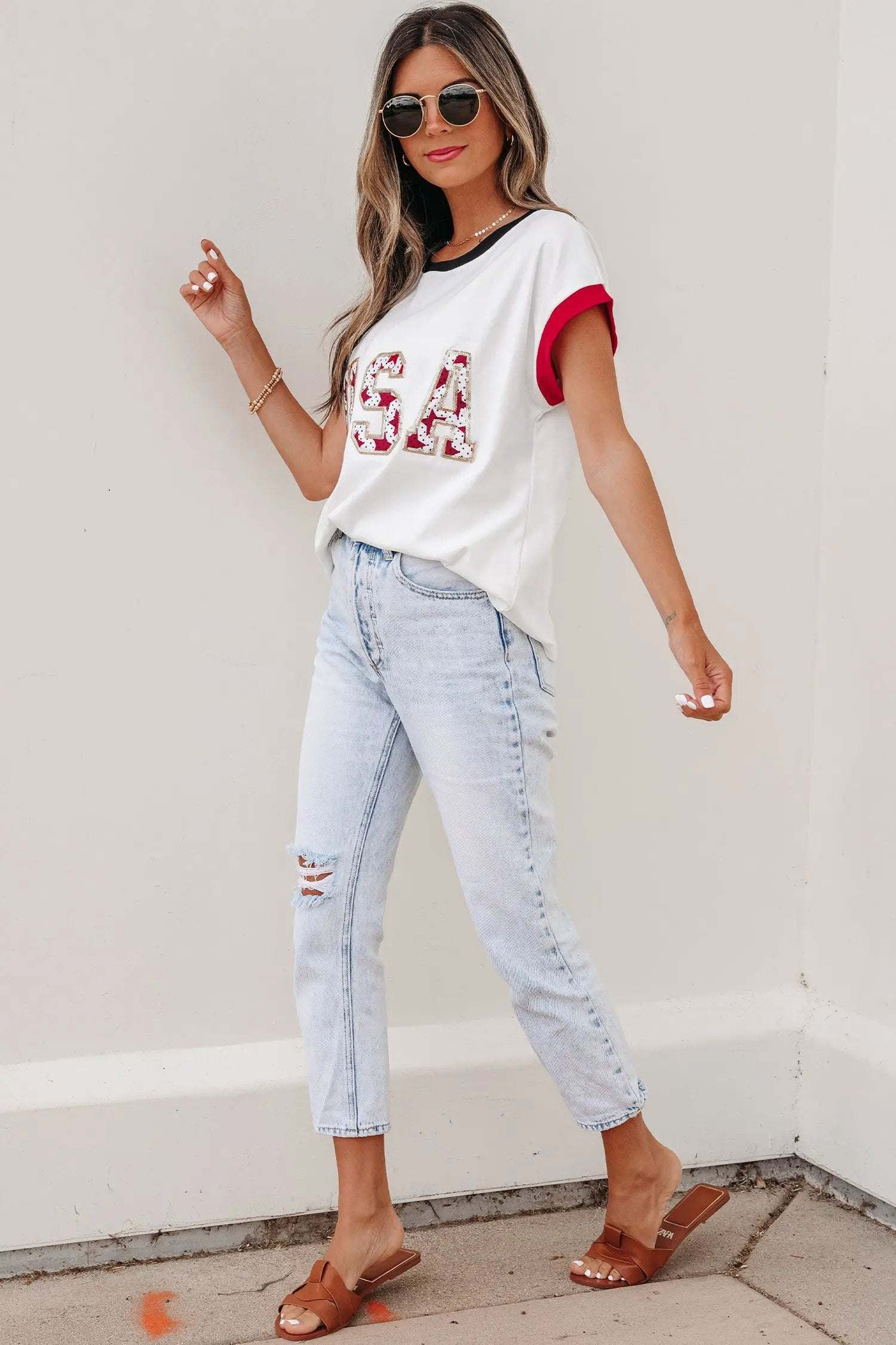 Star-Spangled Shine USA sequin color-block trim loose fit t-shirt
