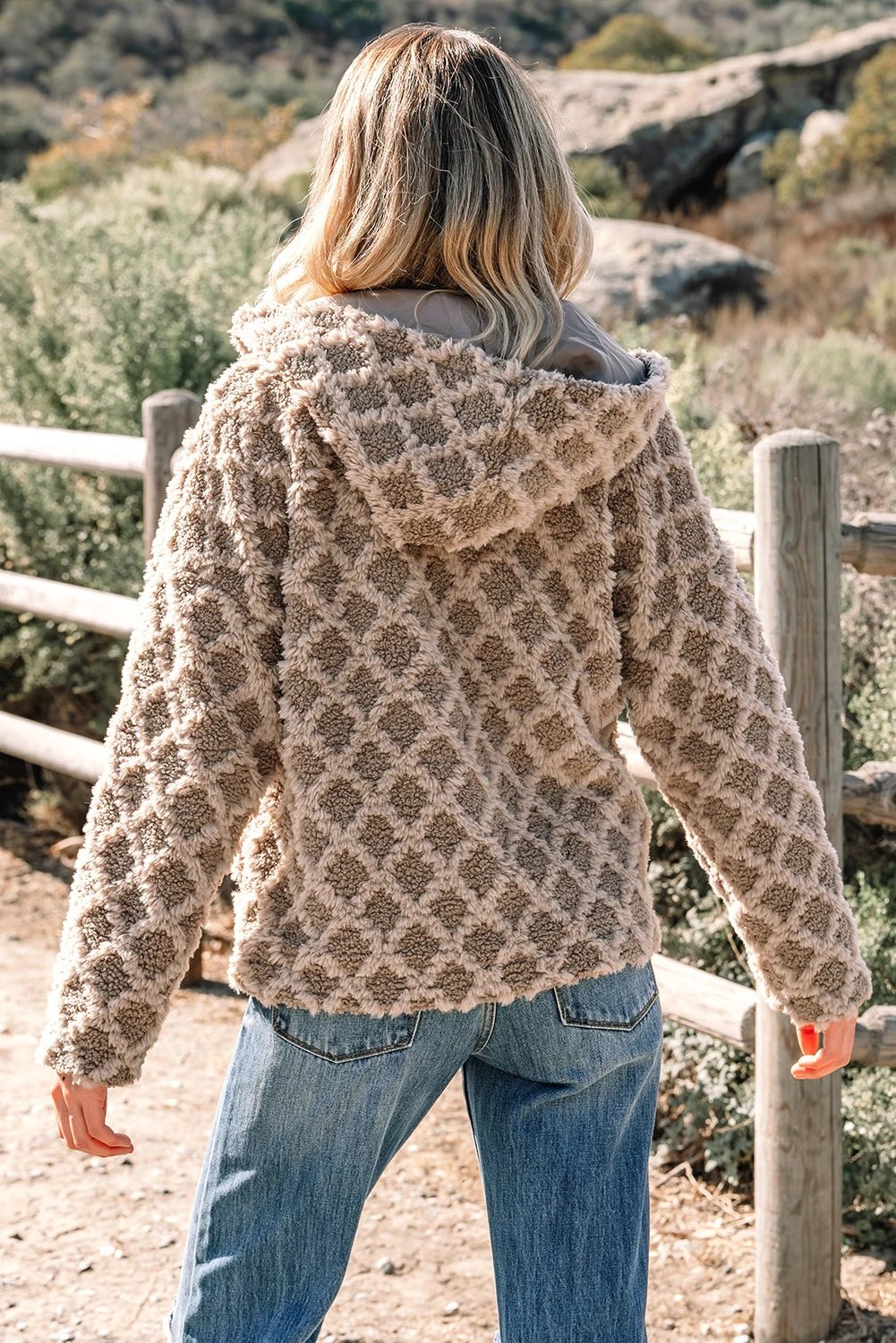 chestnut sherpa rhombus zip up side pocket hooded jacket for women casual everyday outfit