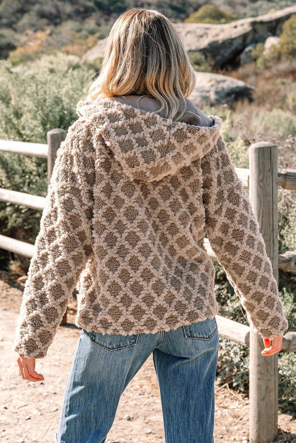 Woman wearing Cozy Confidence sherpa rhombus zip-up hooded bomber jacket with side pockets