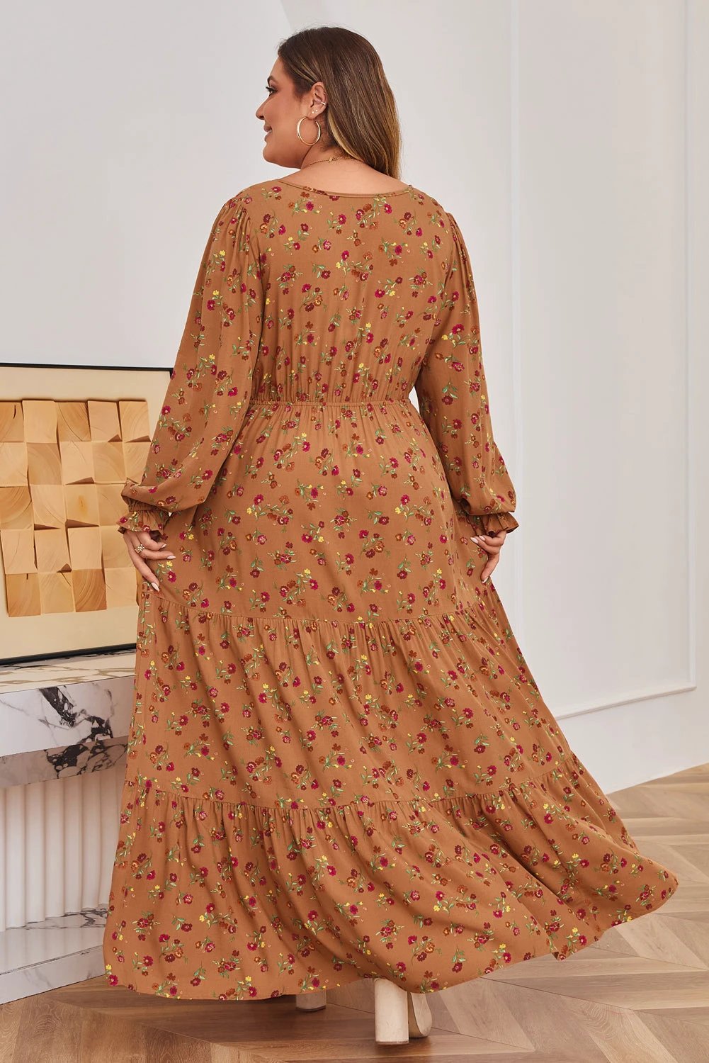 brown plus size floral split v neck ruffled sleeve tiered maxi dress for women casual everyday outfit
