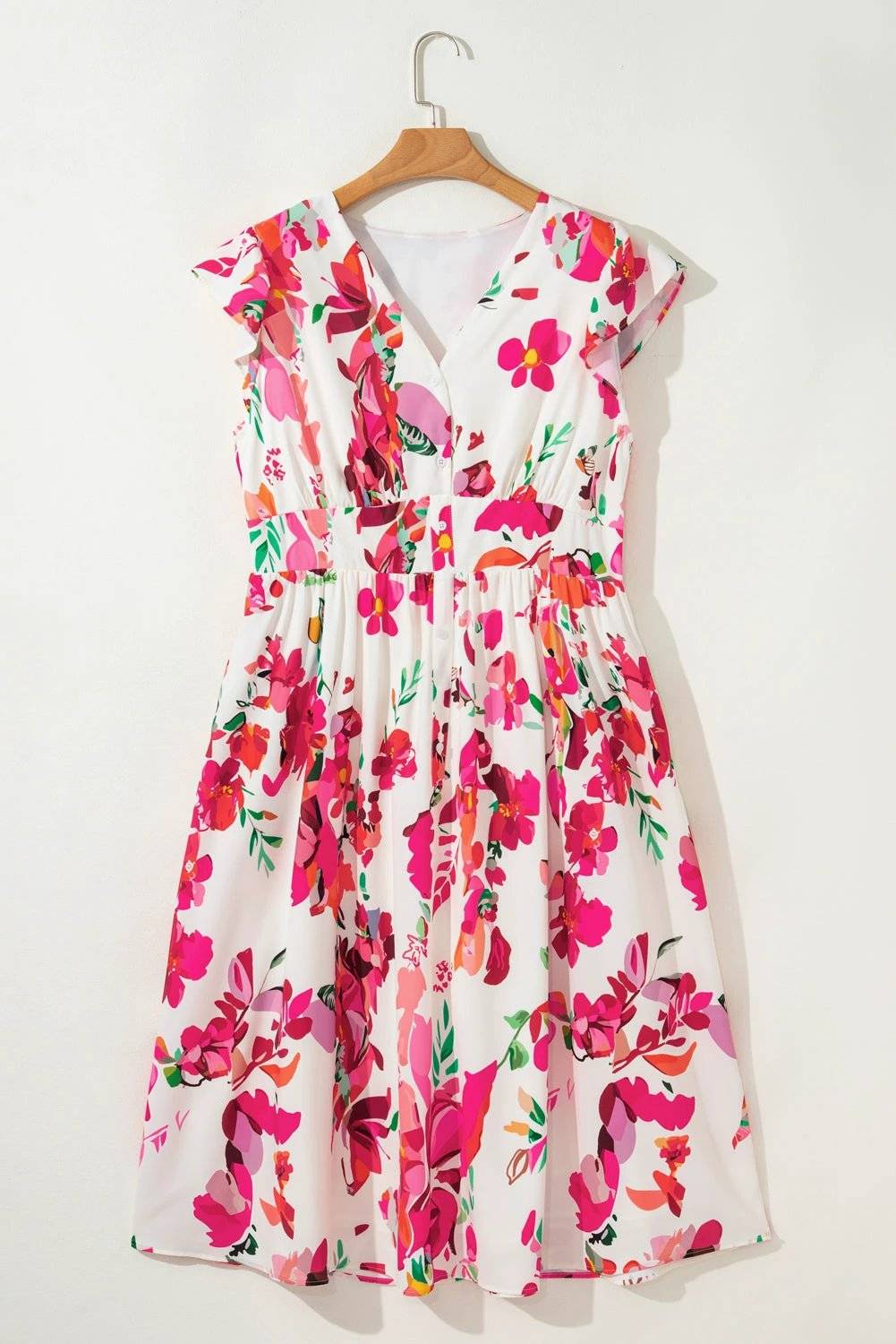 Plus size floral print V neck ruffle sleeve midi dress on white background