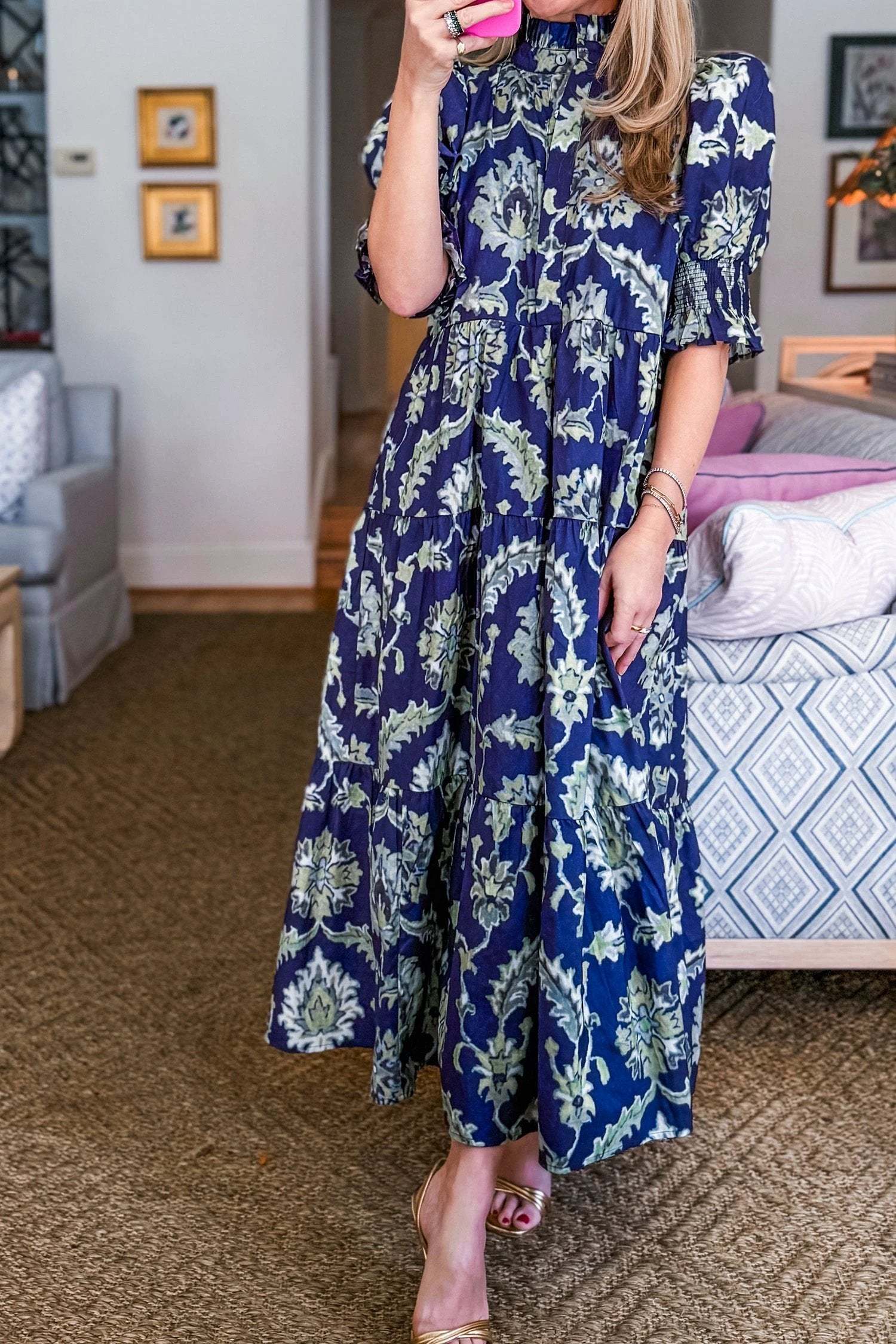 blue wild floral print frilled collar half sleeve long dress for women casual everyday outfit