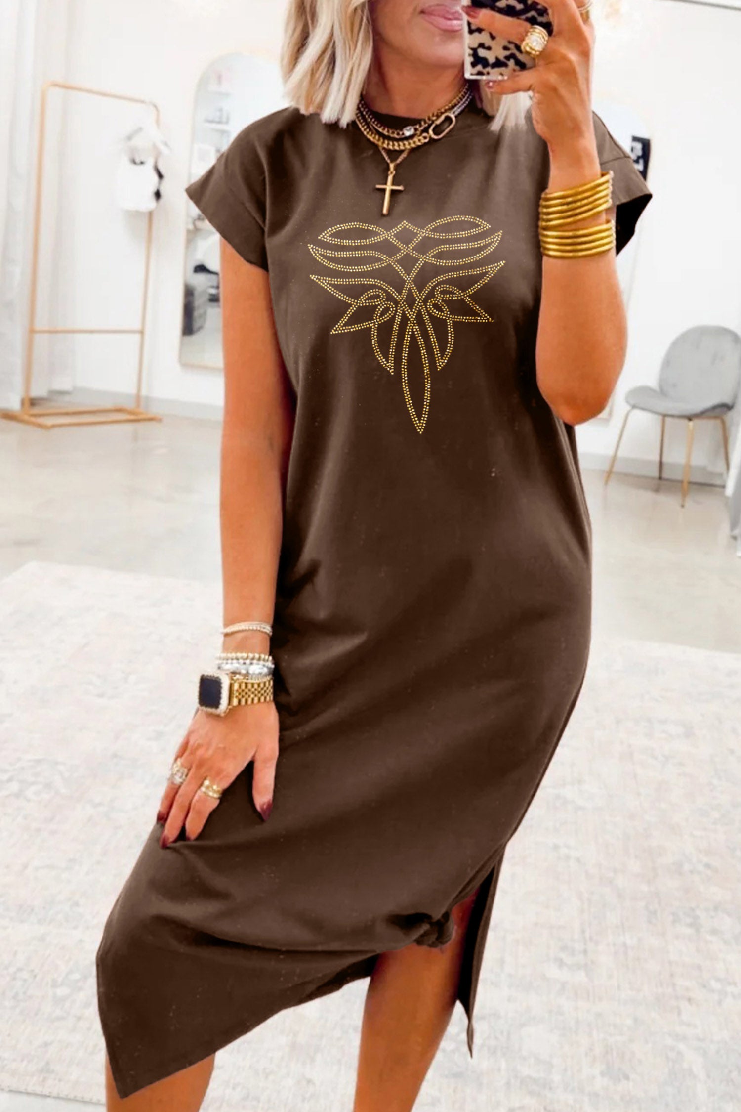 Red Sandalwood Rhinestone Western Graphic Side Slit Midi T-Shirt Dress