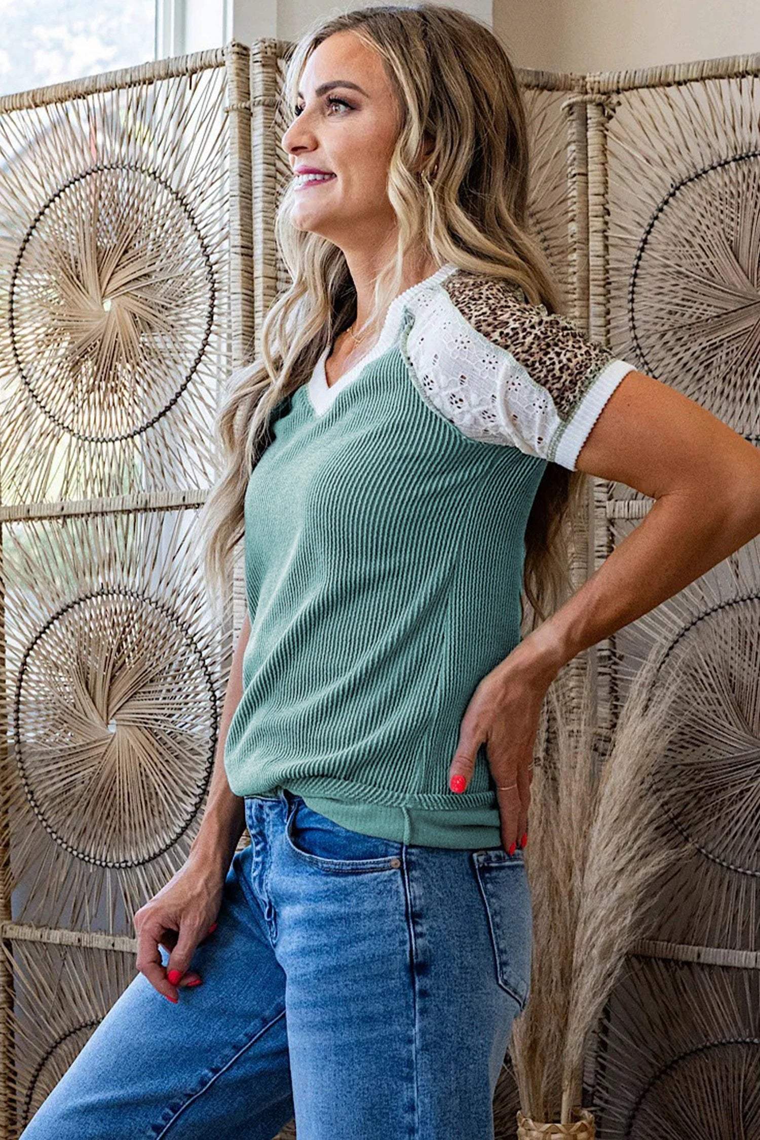 green bay Colorblock lace leopard patchwork twisted ribbed tee for women casual everyday outfit