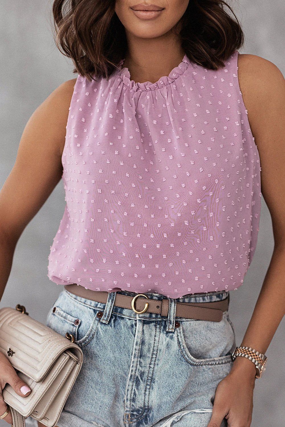 pink swiss dot sleeveless ruffle tank for women casual everyday outfit