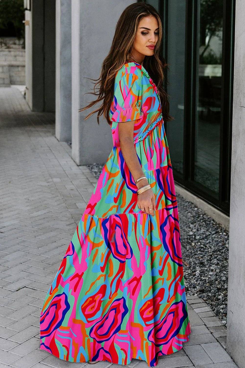 sky blue fiery floral print frilled v neck short sleeve maxi dress for women casual everyday outfit