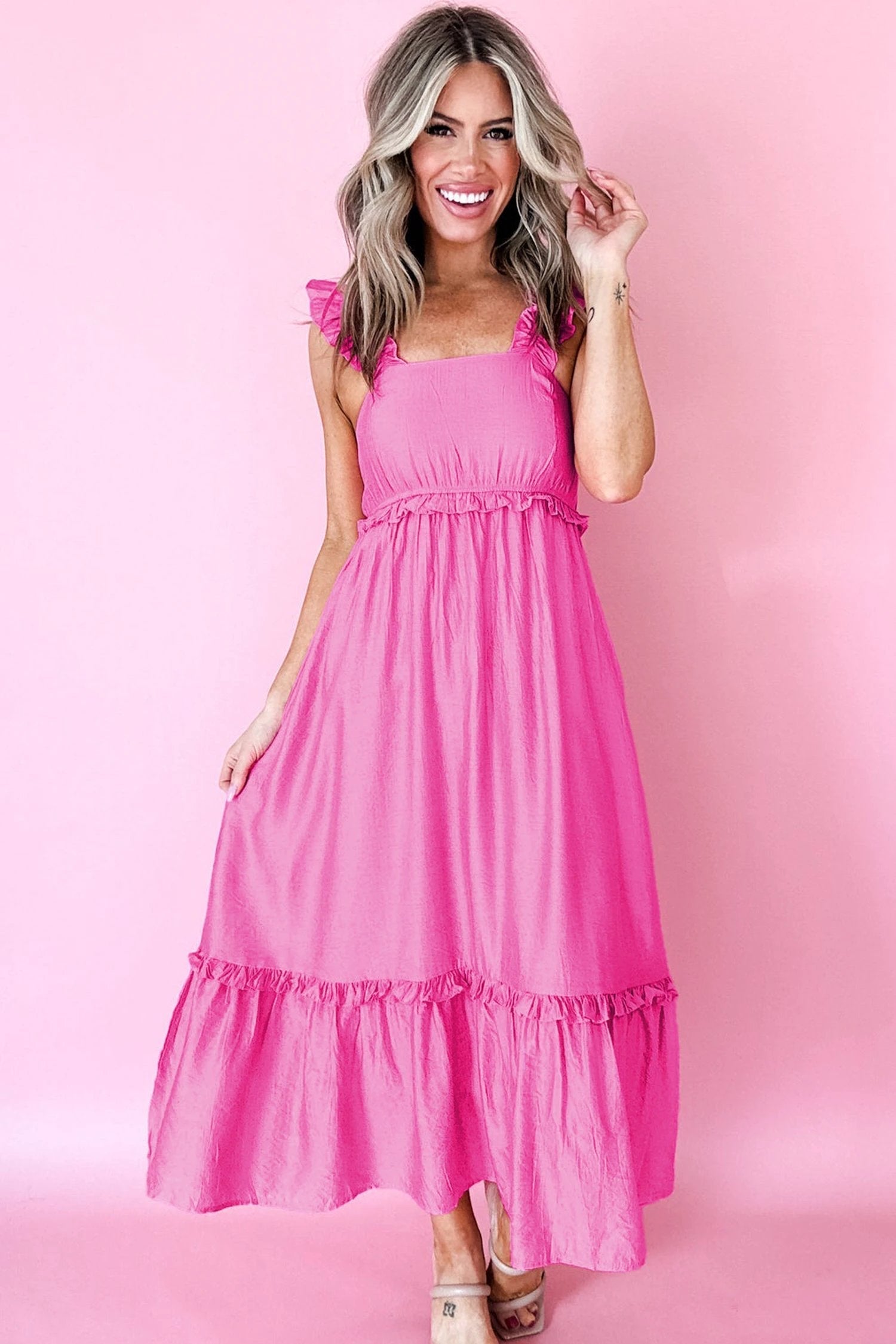 Pink ruffle trim high-waist sleeveless maxi dress from Southern Charm Bonbon Solid Color collection