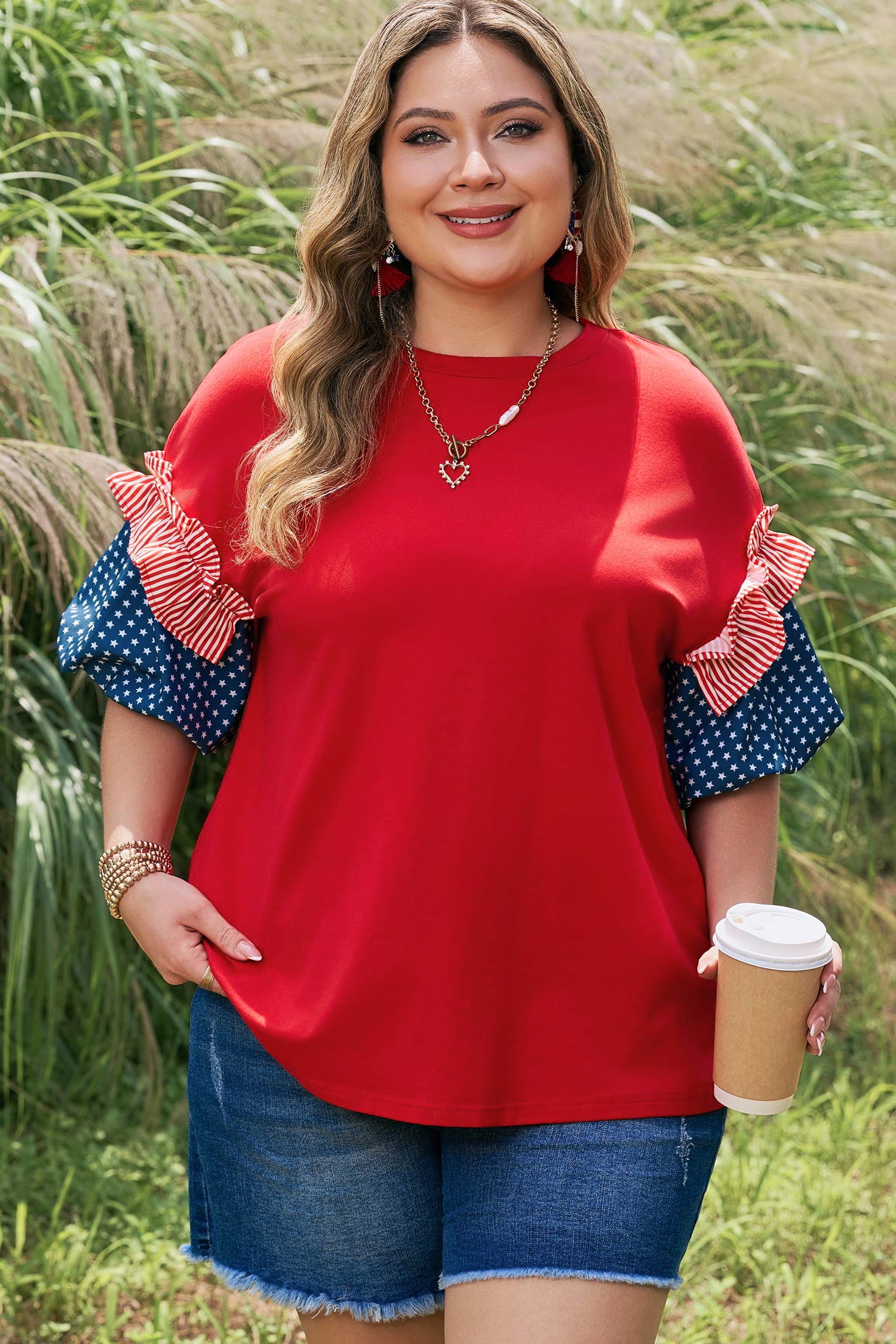Plus Size Patchwork Star Top with Striped — plus size women's everyday top | J&H Apparel