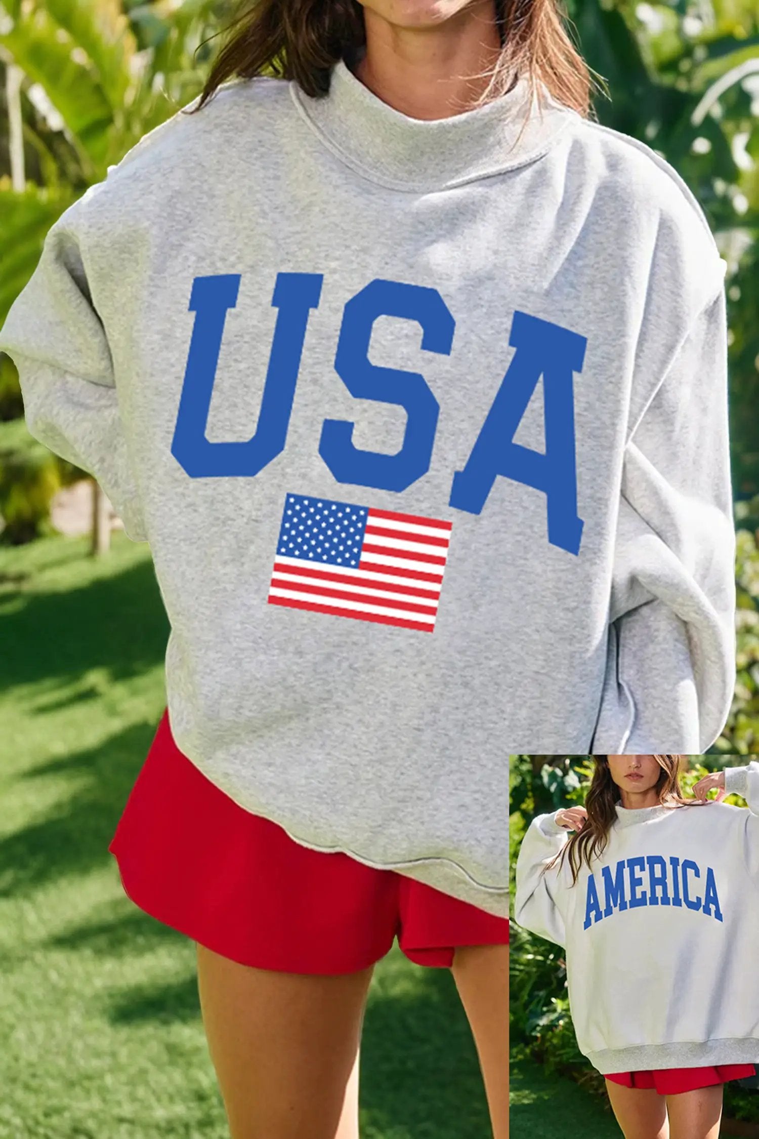Light Grey Mock Neck Reversible USA/America Graphic Sweatshirt
