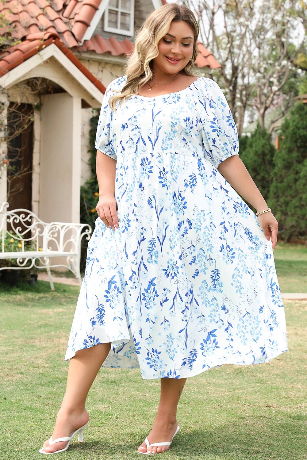 sky blue floral print sweetheart neck plus size midi dress for women casual everyday outfit
