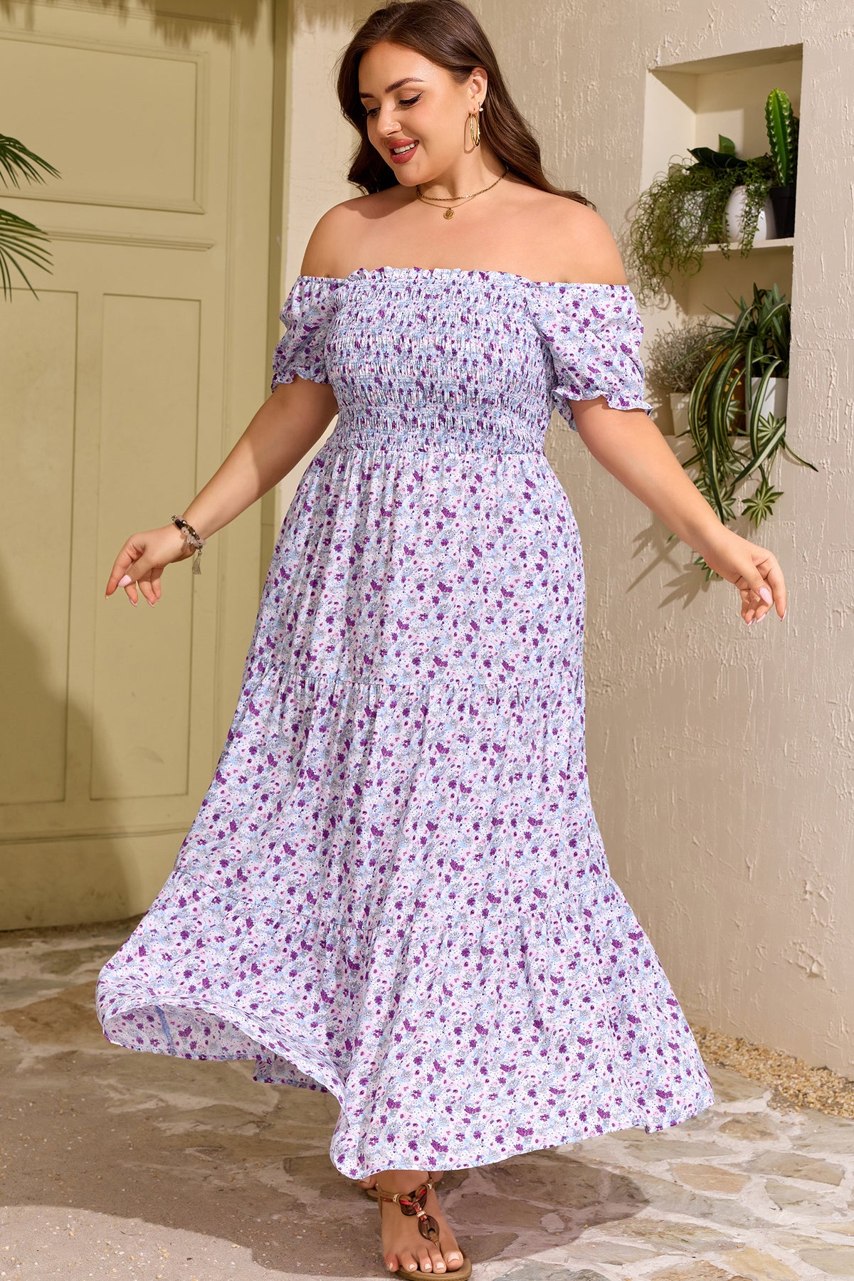 Plus Size Floral Print Square Neck Smocked Maxi Dress