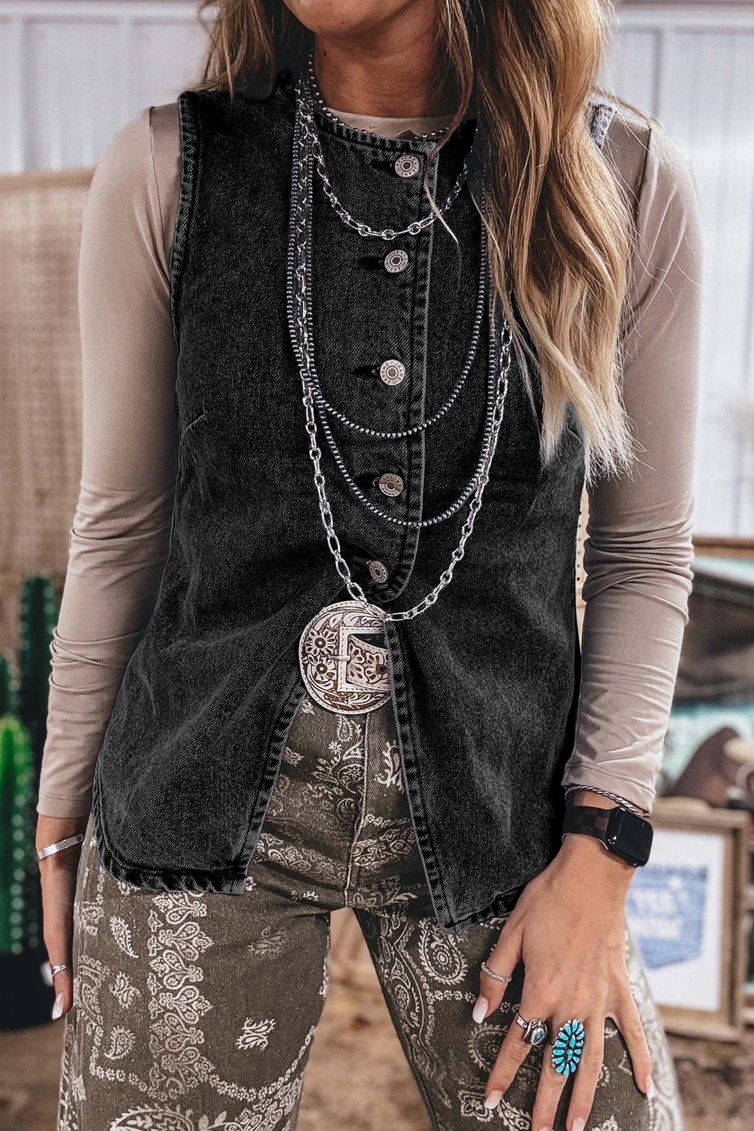 Denim Vest Tee black button front western layering top with front slit