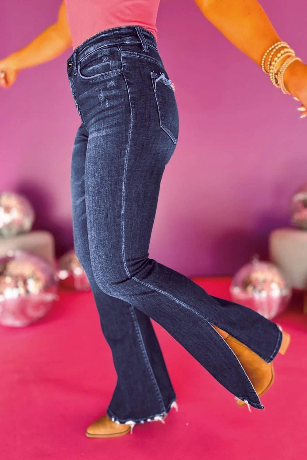 Dark Blue medium wash high waist split flared jeans for women casual everyday outfit