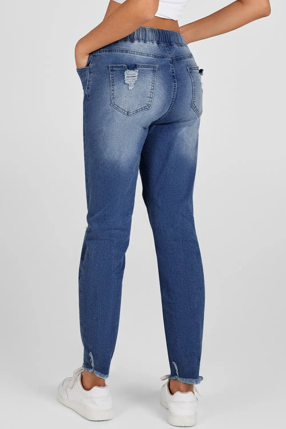 Navy Blue elastic waist straight leg destroyed raw hem jeans for women casual everyday outfit