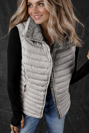 Silvery Plush Collared Quilted Zipped Puffer Vest