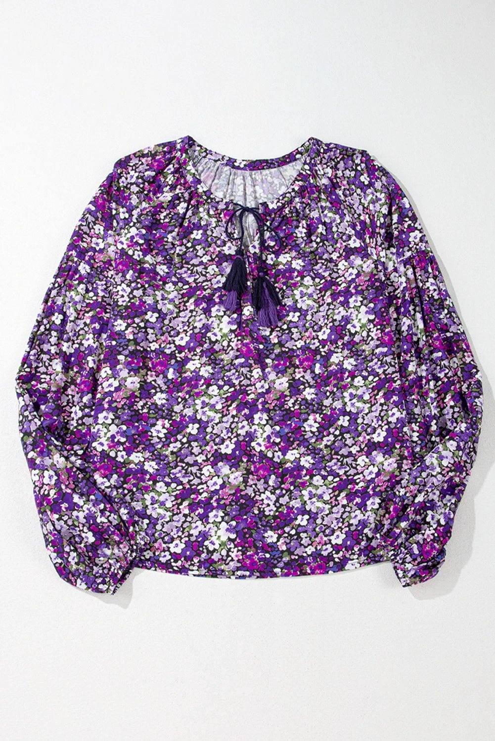 Purple floral Boho Bloom blouse with split V-neck and bubble sleeves