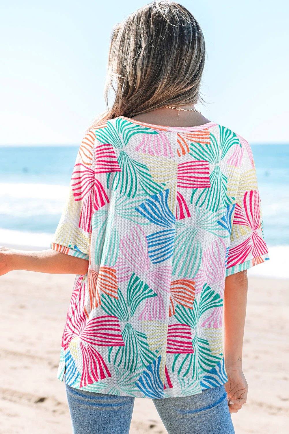 multicolour bowknot printed waffle crewneck loose short sleeve top for women casual everyday outfit