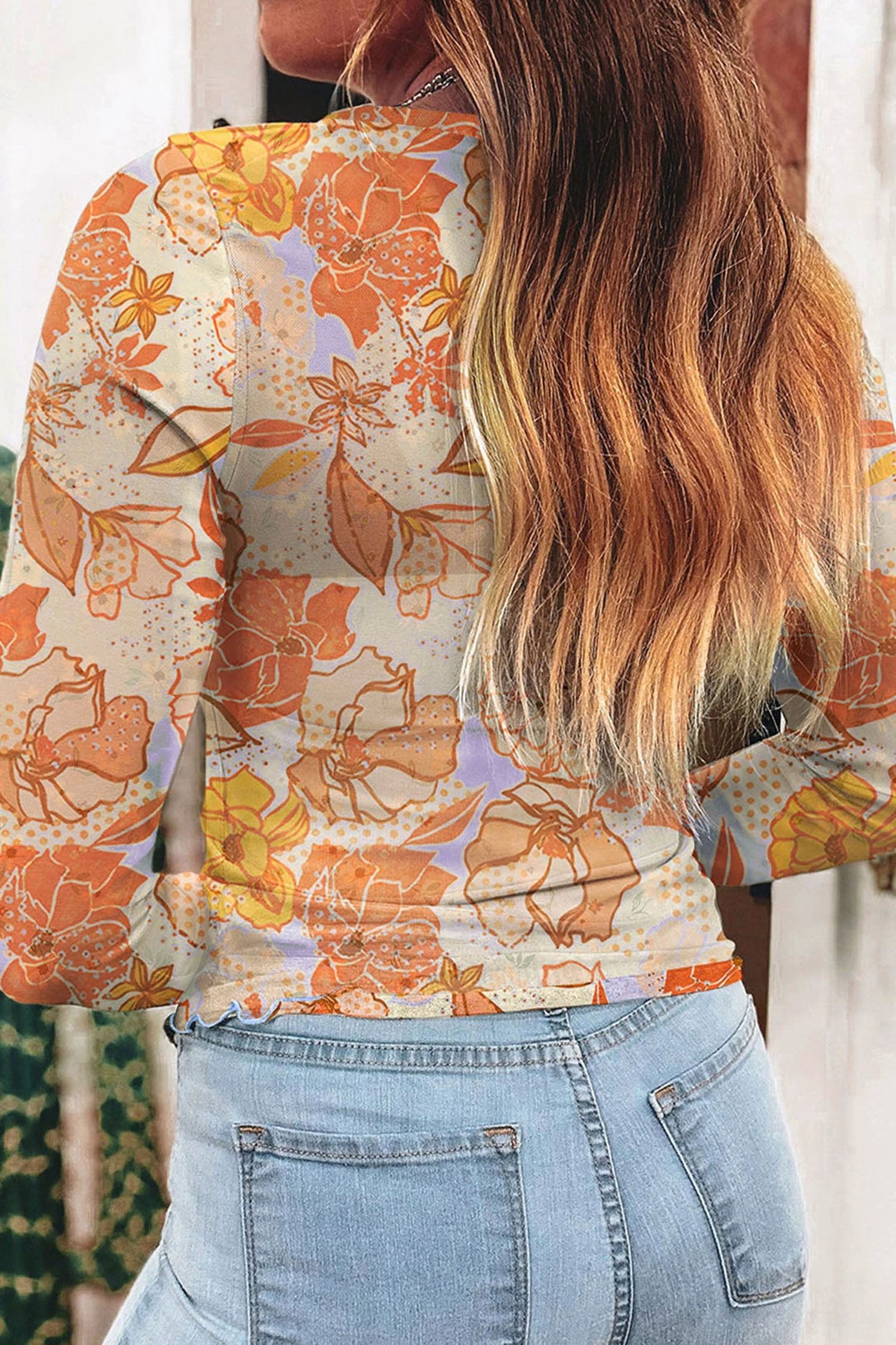 multicolour floral print lettuce trim slim long sleeve top for women casual everyday outfit