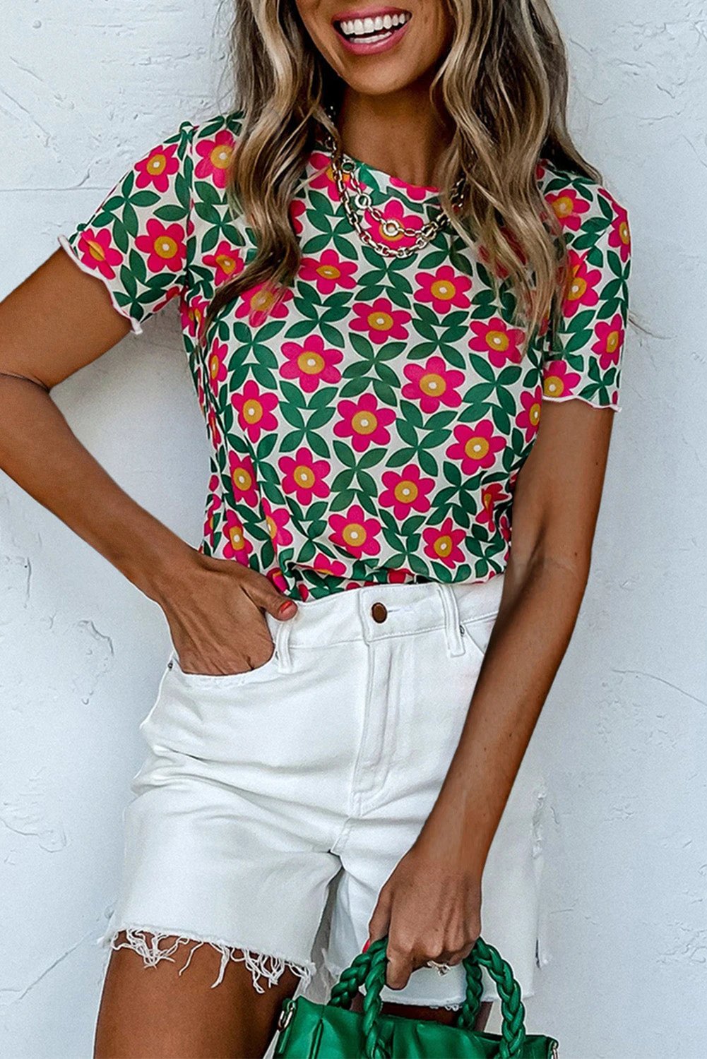 fiery red retro floral print crew neck t shirt for women casual everyday outfit