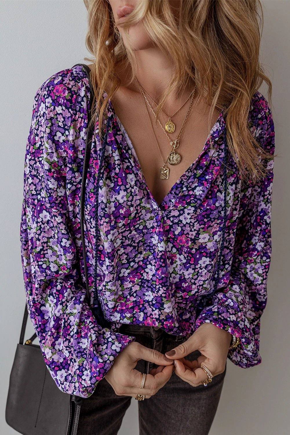 Purple floral Boho Bloom blouse with split V-neck and bubble sleeves