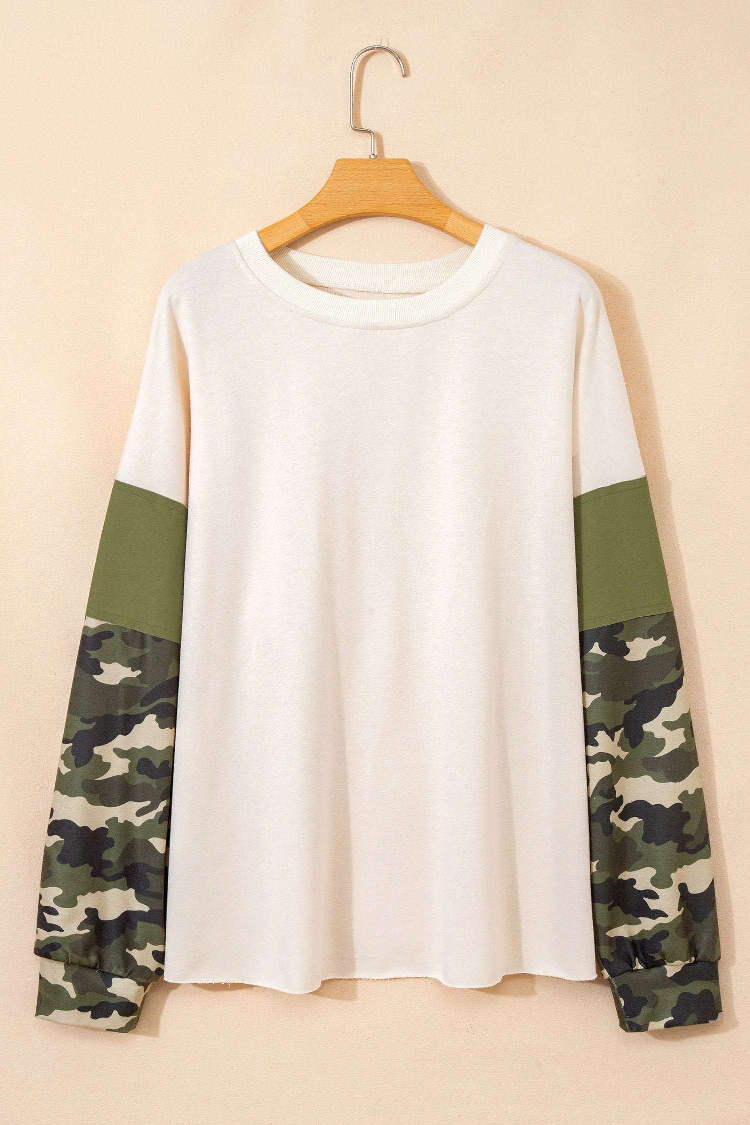 apricot camo print patchwork sleeve raw hem plus size sweatshirt for women casual everyday outfit