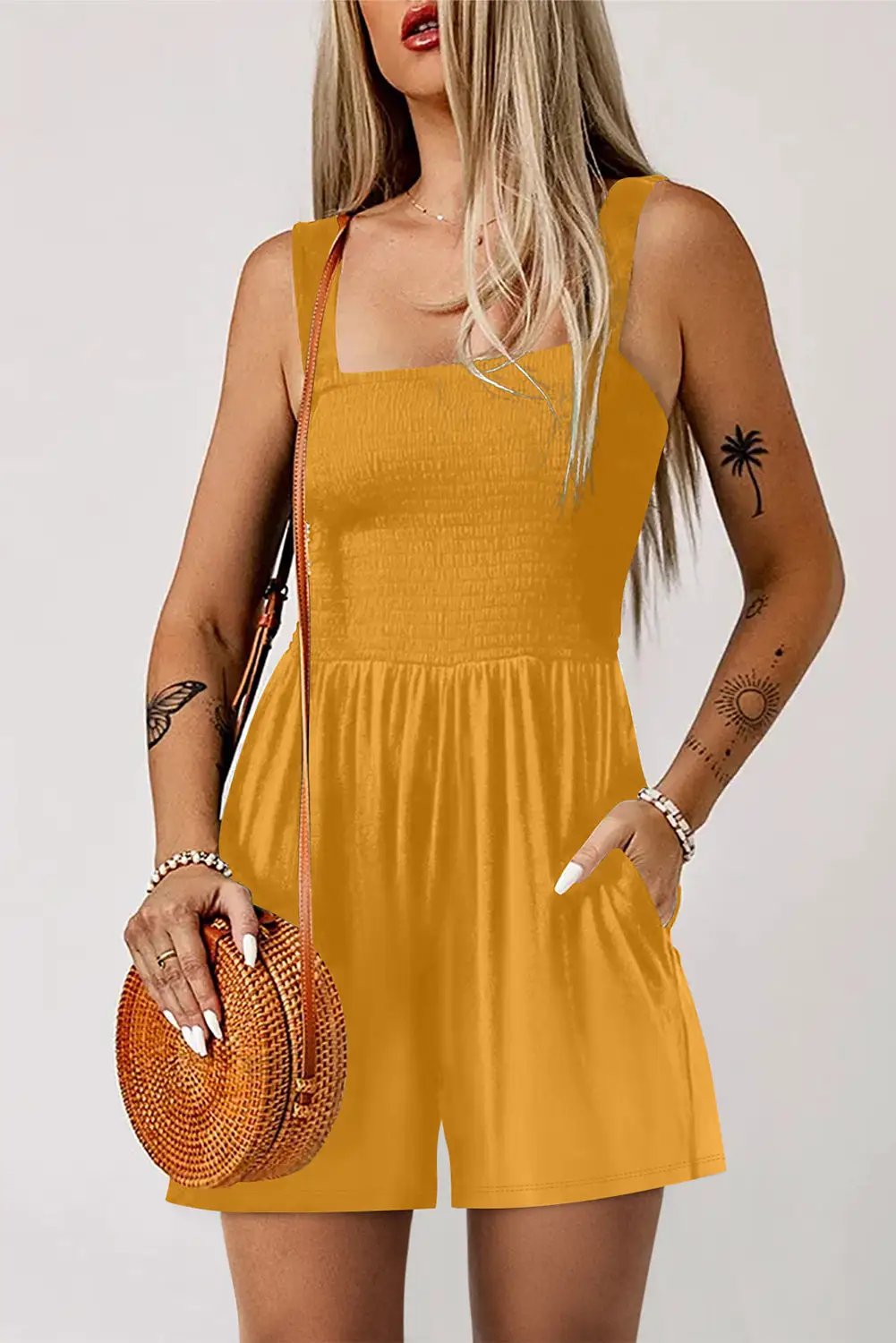 pocketed smocked romper