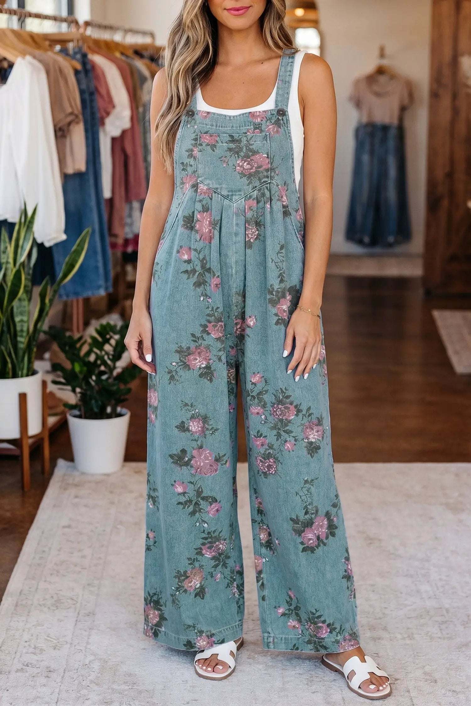 Dear-Lover Dropshipping Main Character Energy | Floral Print Denim Jumpsuit With Pleated Wide Leg - One-Pieces Bottoms/Jumpsuits & Rompers