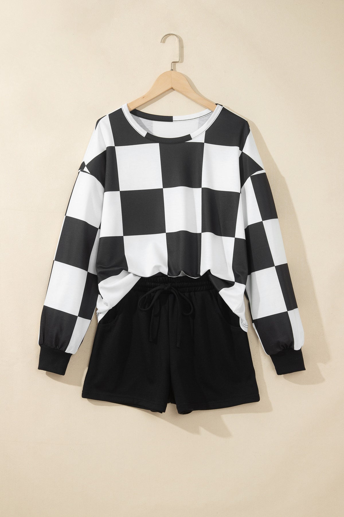 Checkerboard Plaid Long Sleeve Solid Color Shorts Two-Piece Set