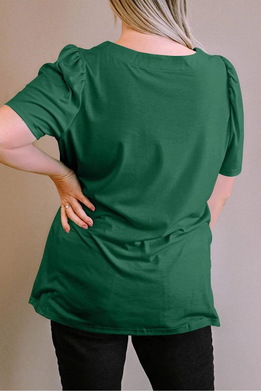 Dear-Lover Dropshipping Green Plus Size Square Neck Ruched Shoulder Short Sleeve Top - Plus Size/Plus Size Tops/Plus Size Tops & Tees