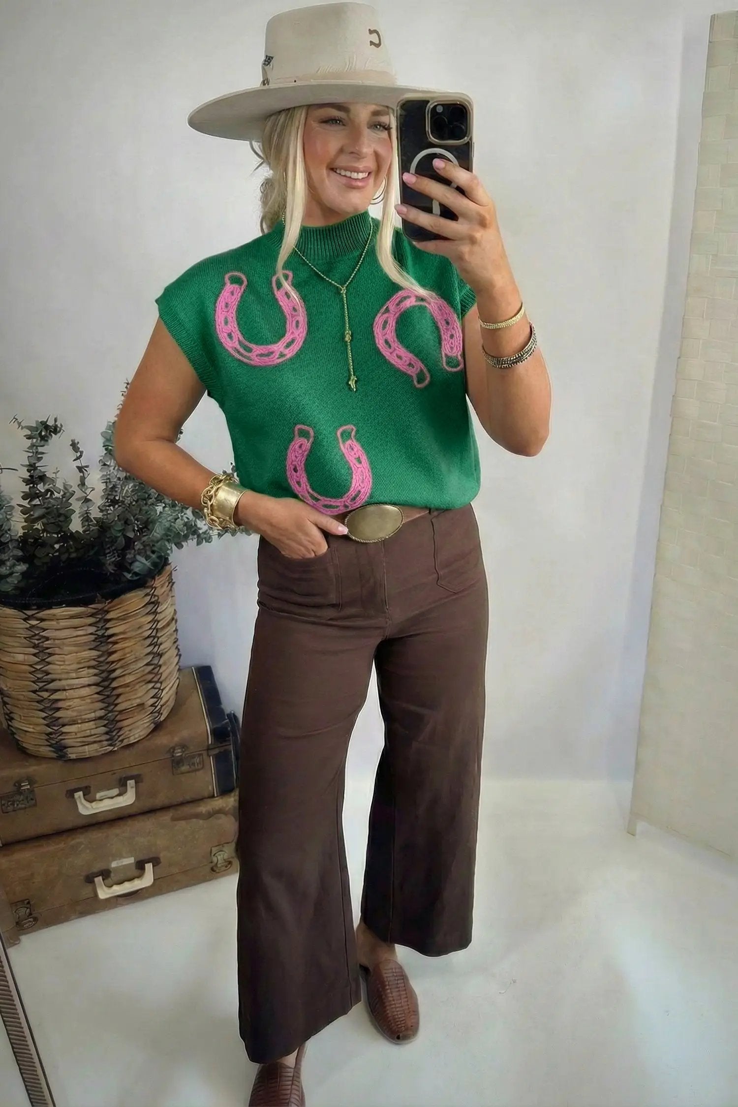 Bright green western horseshoe ribbed mock neck short sleeve knit sweater with pink embroidery