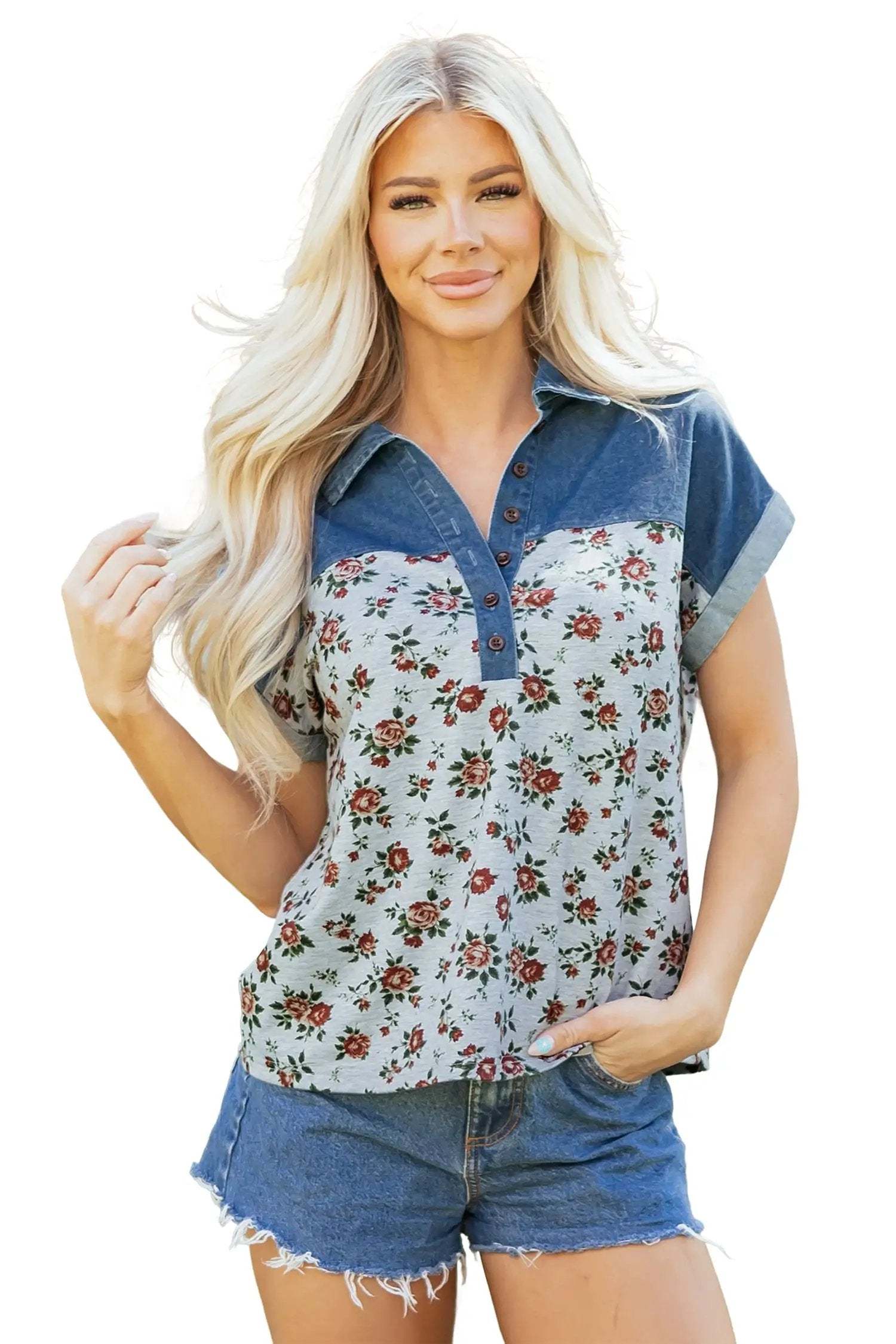J&H Apparel Gray Retro Floral Print Denim Patchwork Buttoned Polo Collar Top - Shirts Tops/Blouses & Shirts