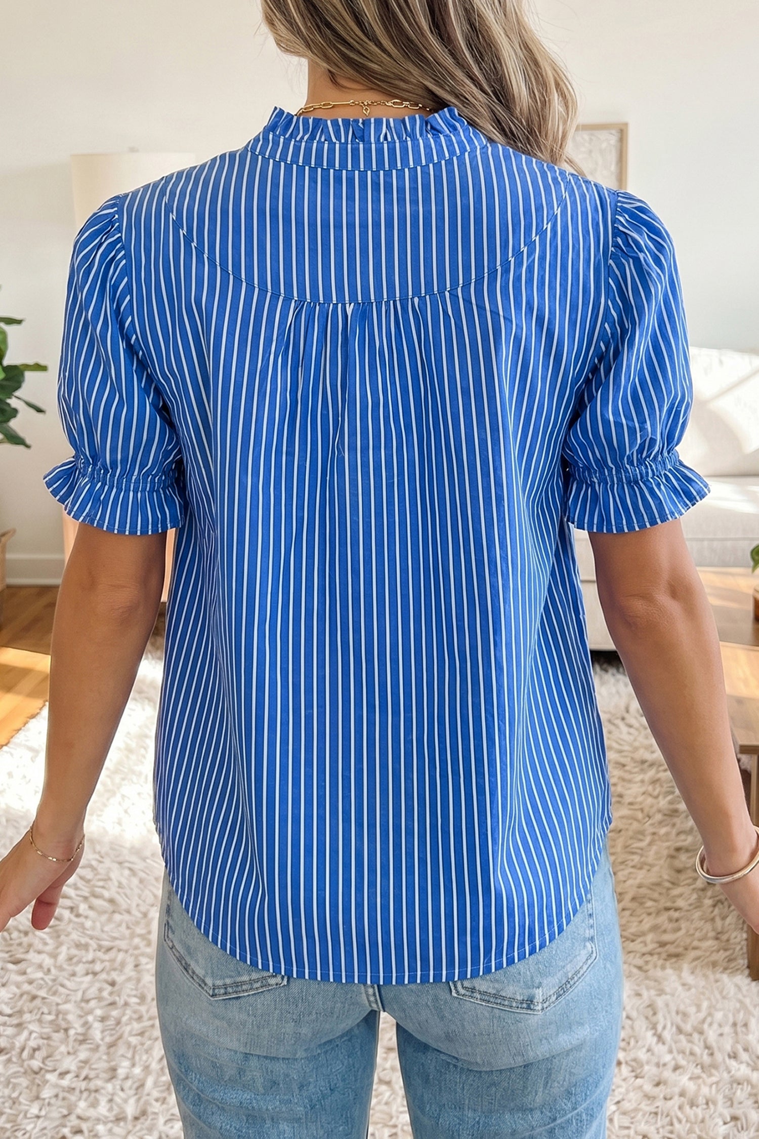 Stripe Button Front Blouse with Ruffles and Puff Sleeves