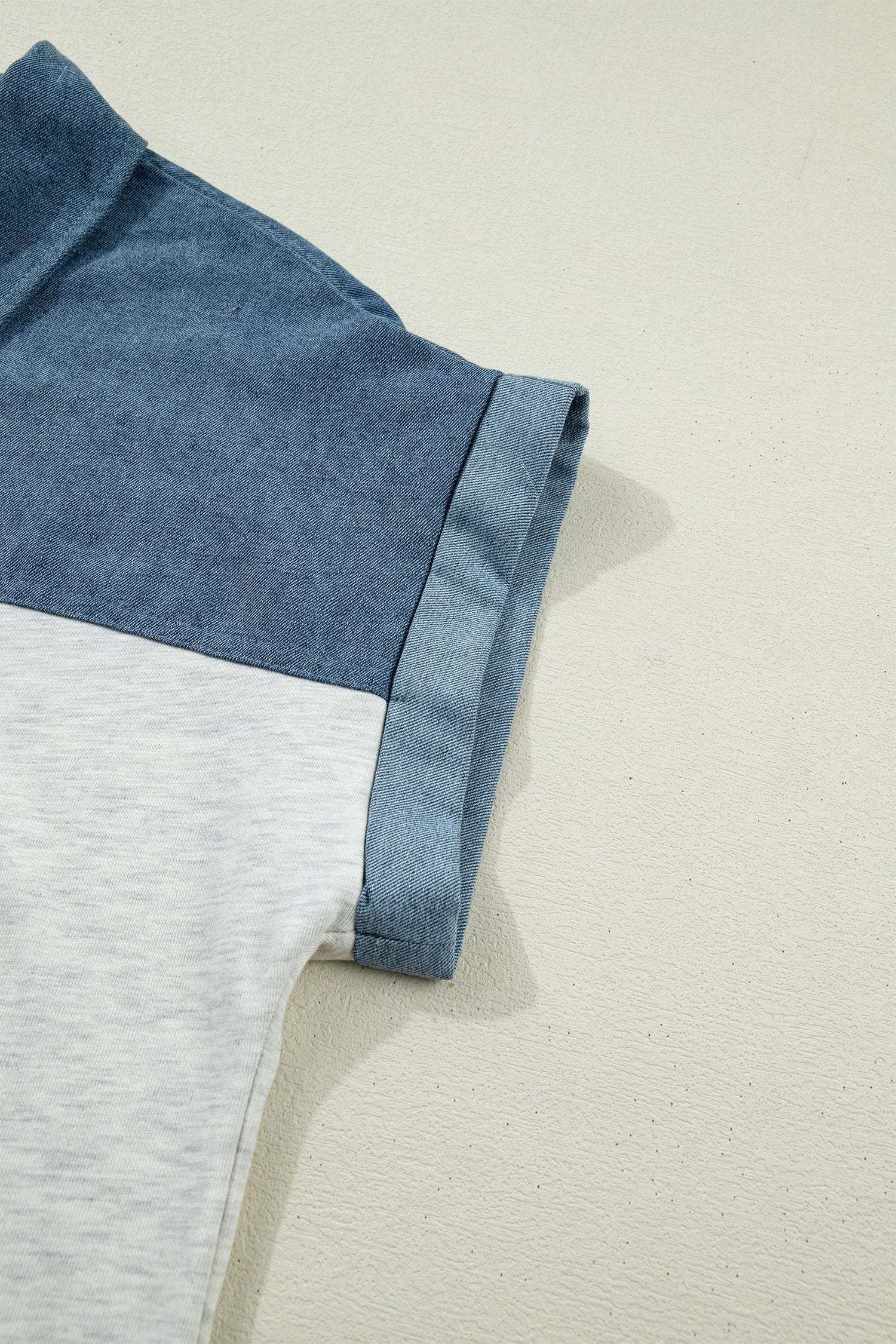 Western Chic color block denim patchwork polo top with button collar and short sleeves